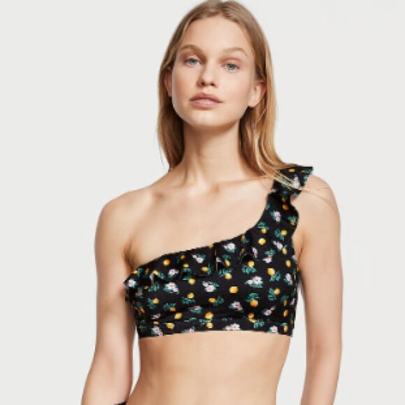 Victoria' Secret Swim Black Floral Lemons One Shoulder Bikini Top Medium NWT - Picture 1 of 12